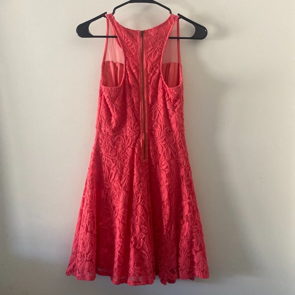 Coral Lace Dress with Mesh Neck Line - Picture 2 of 7